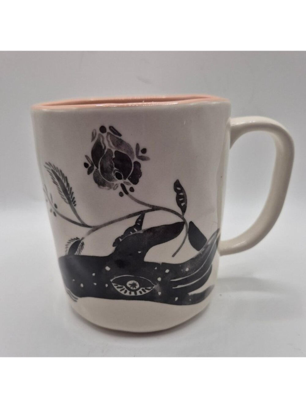 Anthropologie Ceramic Mug Hand-Illustrated Black Floral "Be Present" Text Inside